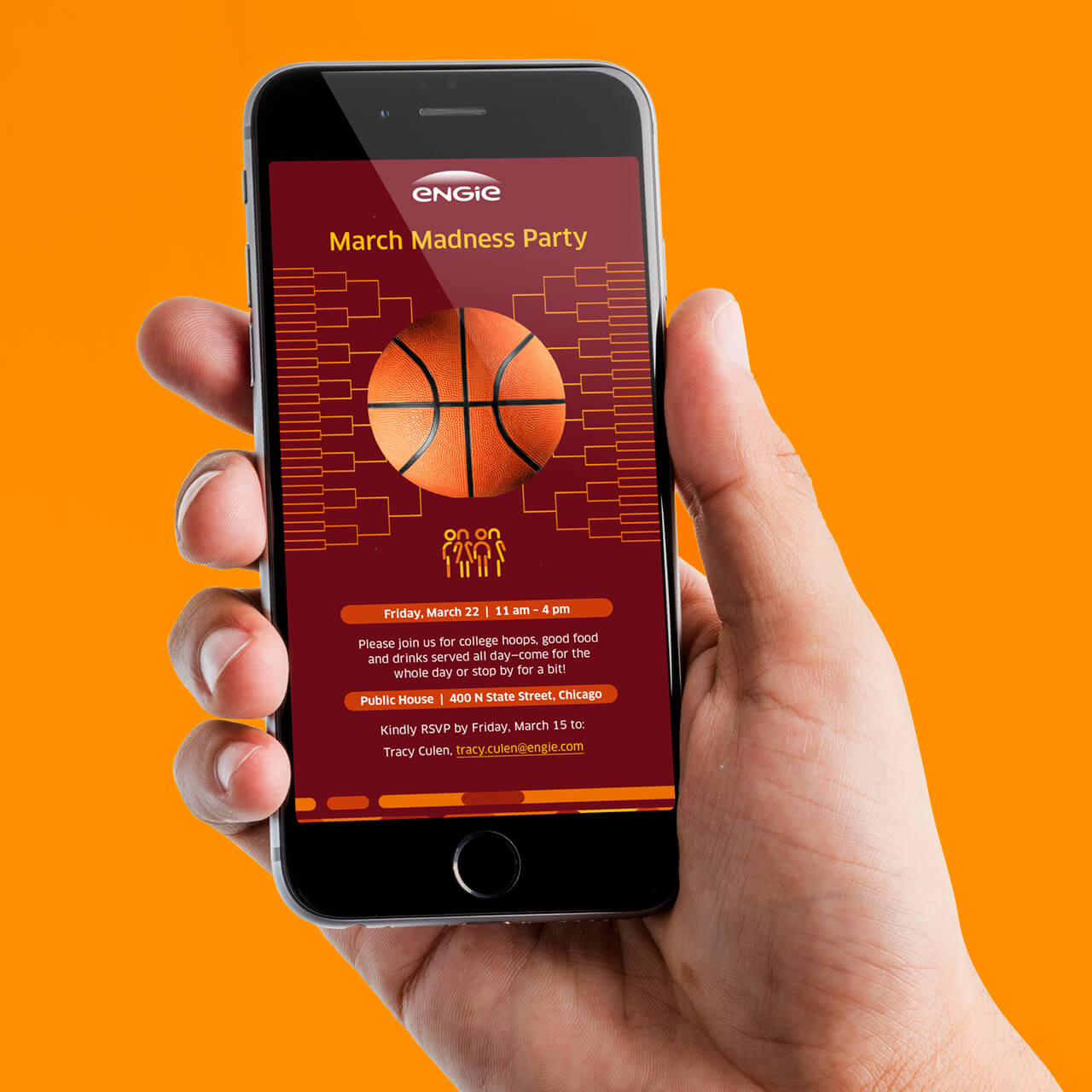 ENGIE March Madness Evite shown on a mobile phone