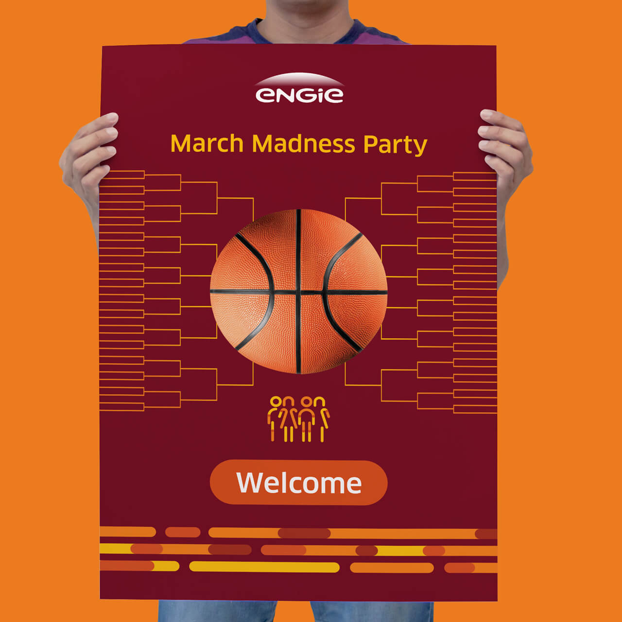 Man holding an ENGIE March Madness Event Poster