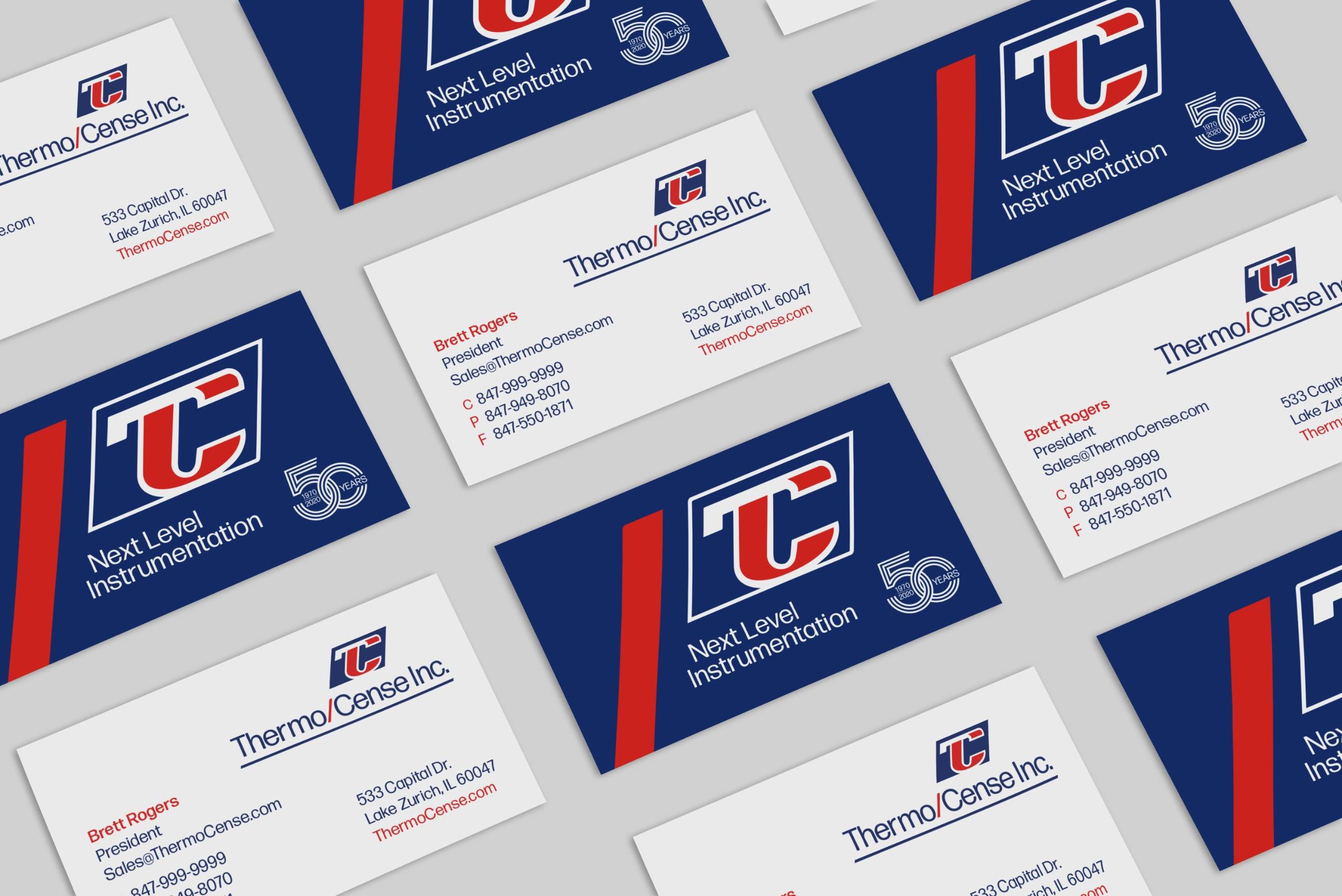 A montage of the front and back of a the Thermo/Cense business cards