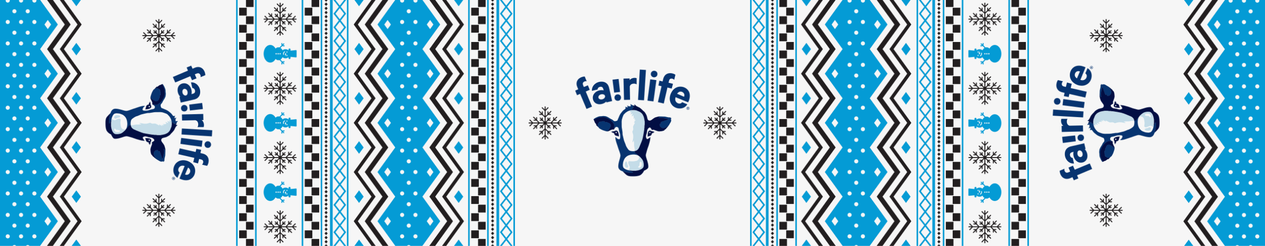 fairlife holiday kit table runner featuring a holiday sweater motif pattern and the fairlife cow's head logo